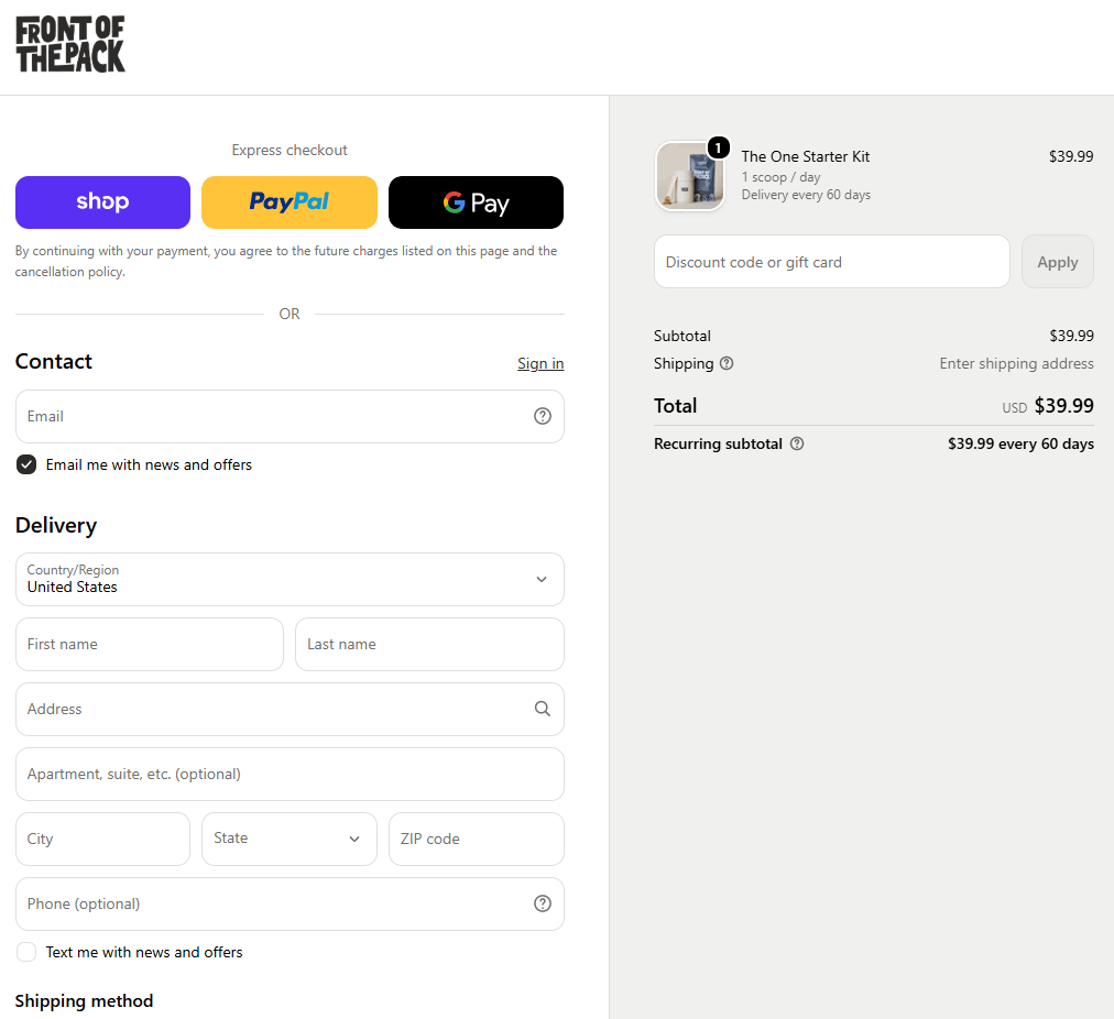 Front of the Pack checkout page